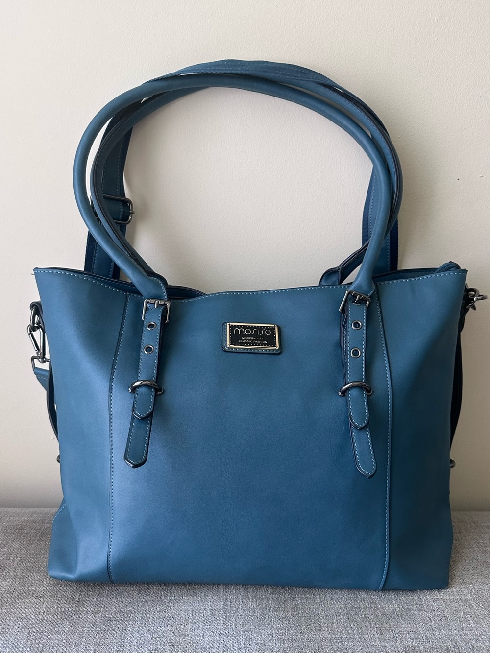 Mosiso Blue Faux-Leather Tote with Dual Handles